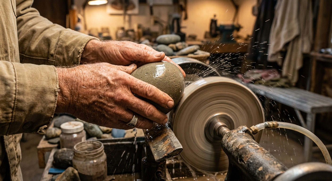A Thai lapidary artisan hand-polishing a stone
